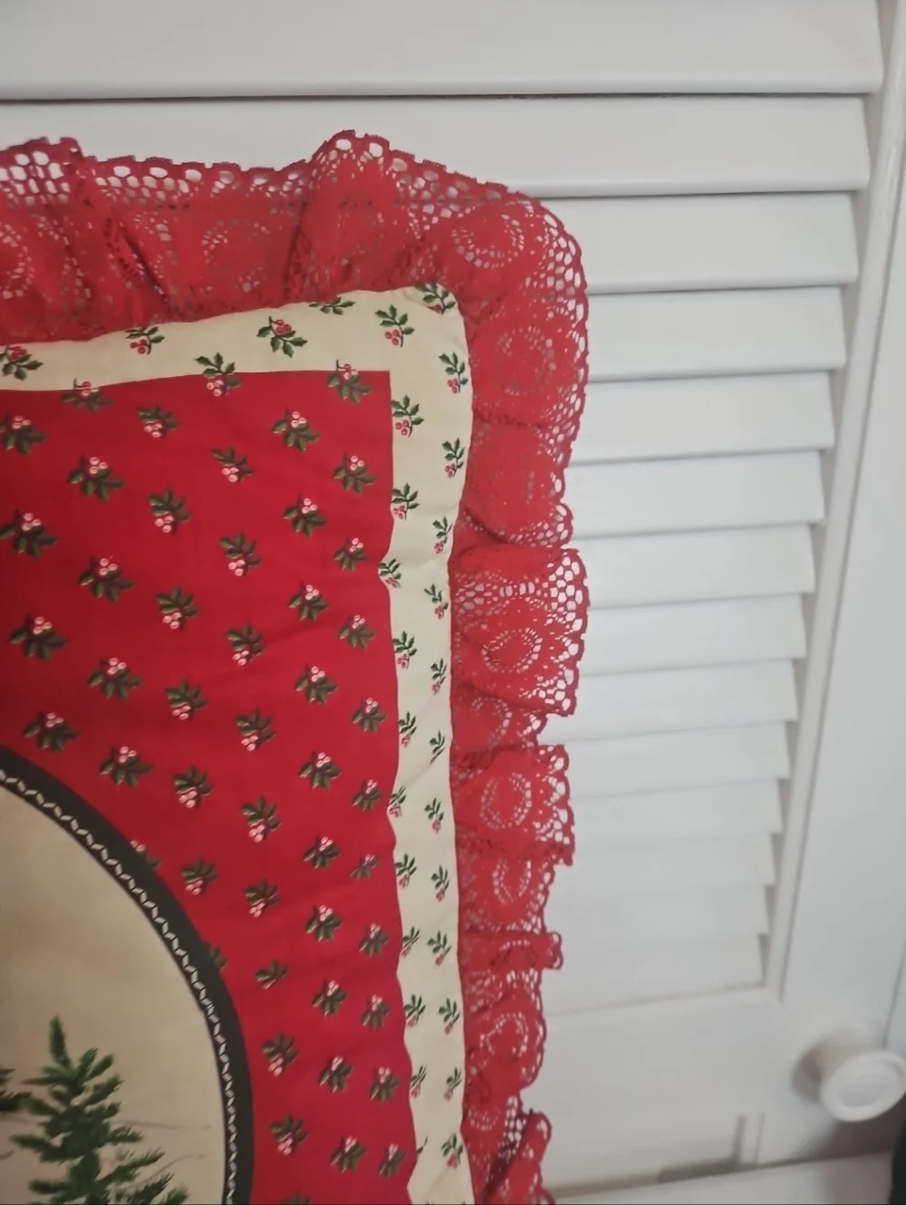 Vintage Christmas Pillow Handmade Double Sided 15” Buck Doe Deer Cardinals Lace
